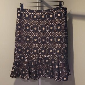 Ann Taylor Lace Overlay Trumpet Skirt Ruffle Hem, Women's Size 12, Black And Tan